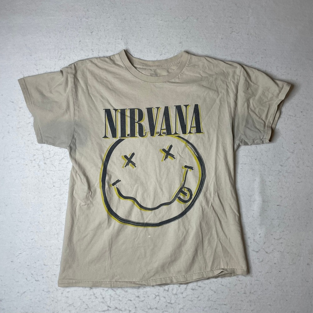 Nirvana Smiley Face T Shirt Mens Size Large Beige Short‎ Sleeve Graphic Tee